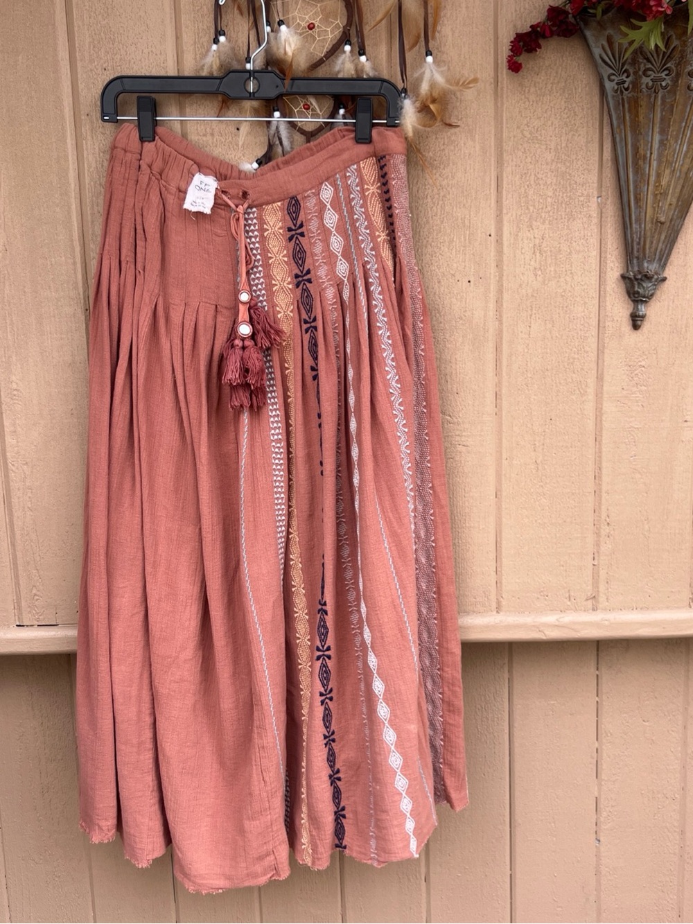 Free People One  Maxi Skirt Small Brown Beige Long Embroidered Boho Tiered